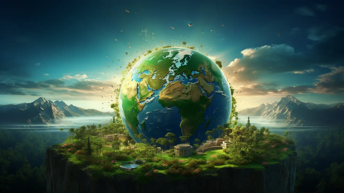 An image of the globe sitting on an island with mountains in the background. There is lots of greenery around. The image represents the environmental benefits of solar.