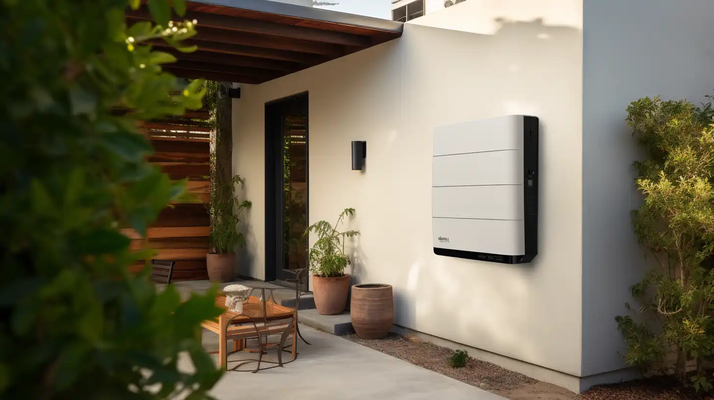 A solar battery sitting on the outside wall of a home.
