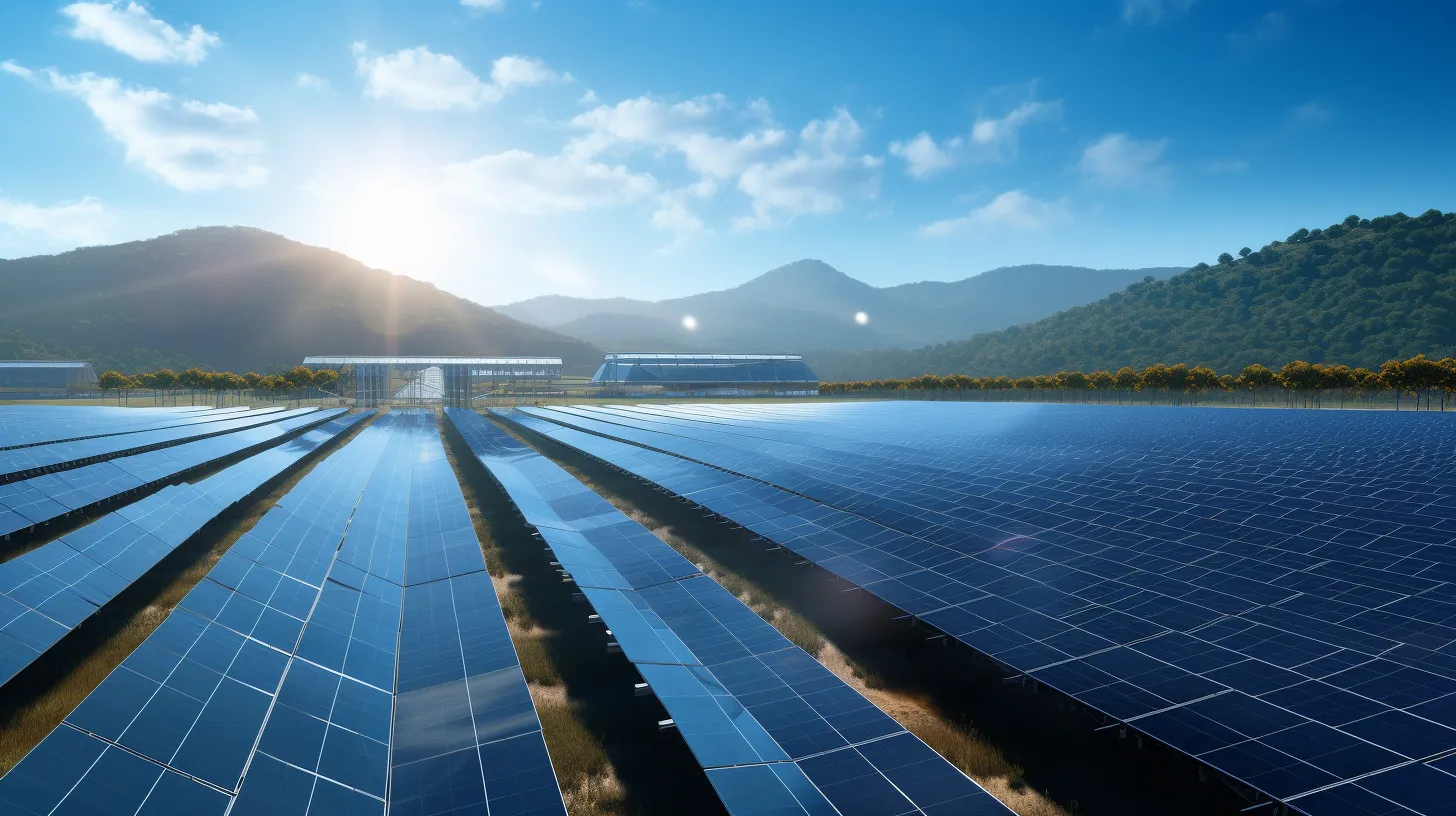 Large commercial solar panels in a rural setting with mountains in the background.