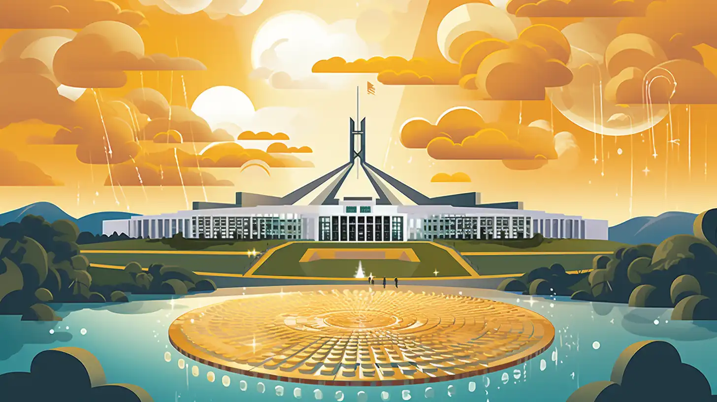 Illustration of the Australian Government building in Canberra. the colours are mainly yellow, representing the solar rebates provided by the government.