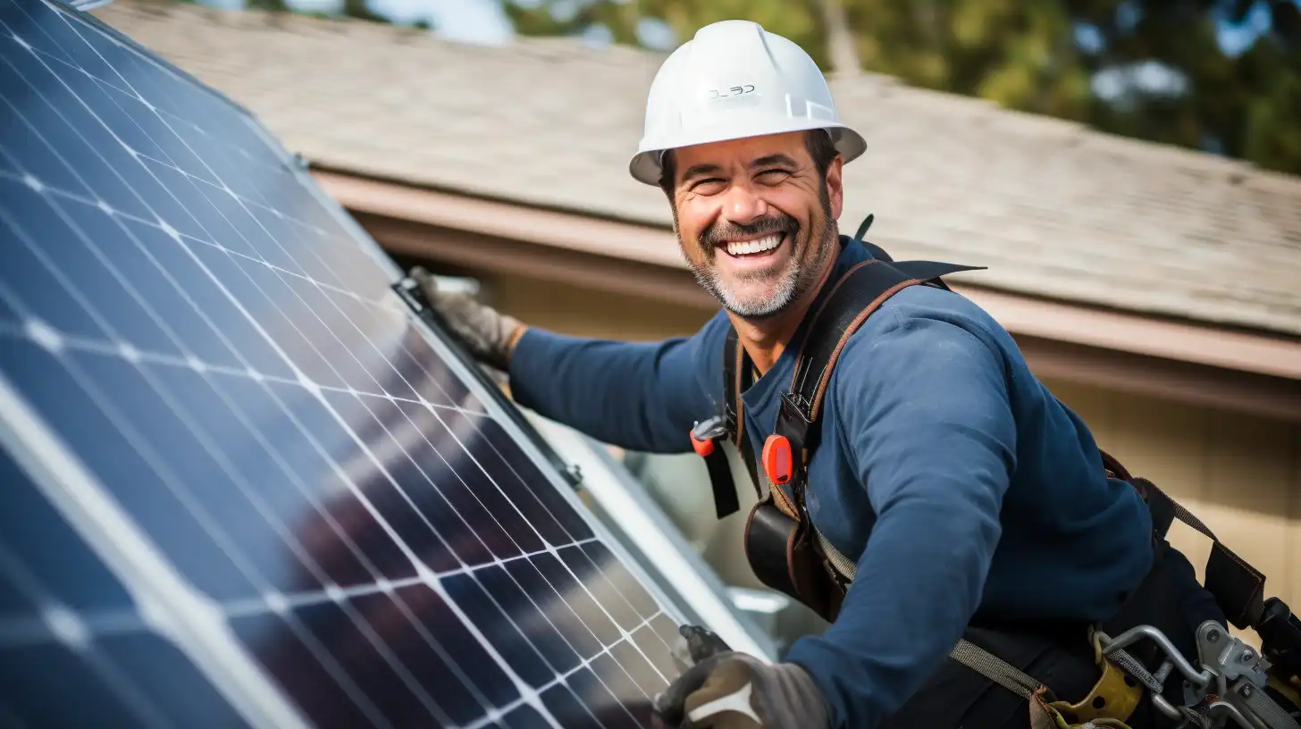 Male electrician on a roof installing solar while smiling at the camera