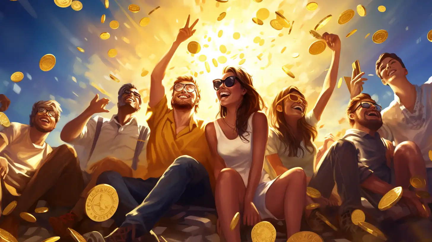 A group of happy smiling people sitting together, sunlight in the background, as gold coins rain down on them. The image represents the financial benefits of solar