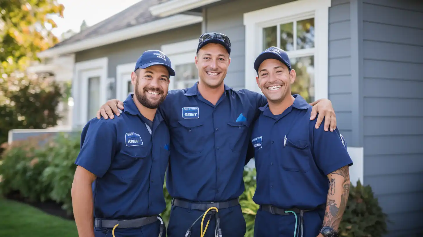 three male electricians dressed in blue standing in front of a house ready to install solar