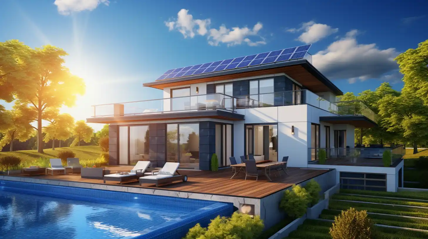 A sunny day with clear blue skies, symbolising the abundant solar energy available. In the foreground, there's a modern suburban home with solar panels neatly installed on its roof. The panels are glistening in the sunlight, showcasing their efficiency in harnessing solar power.
