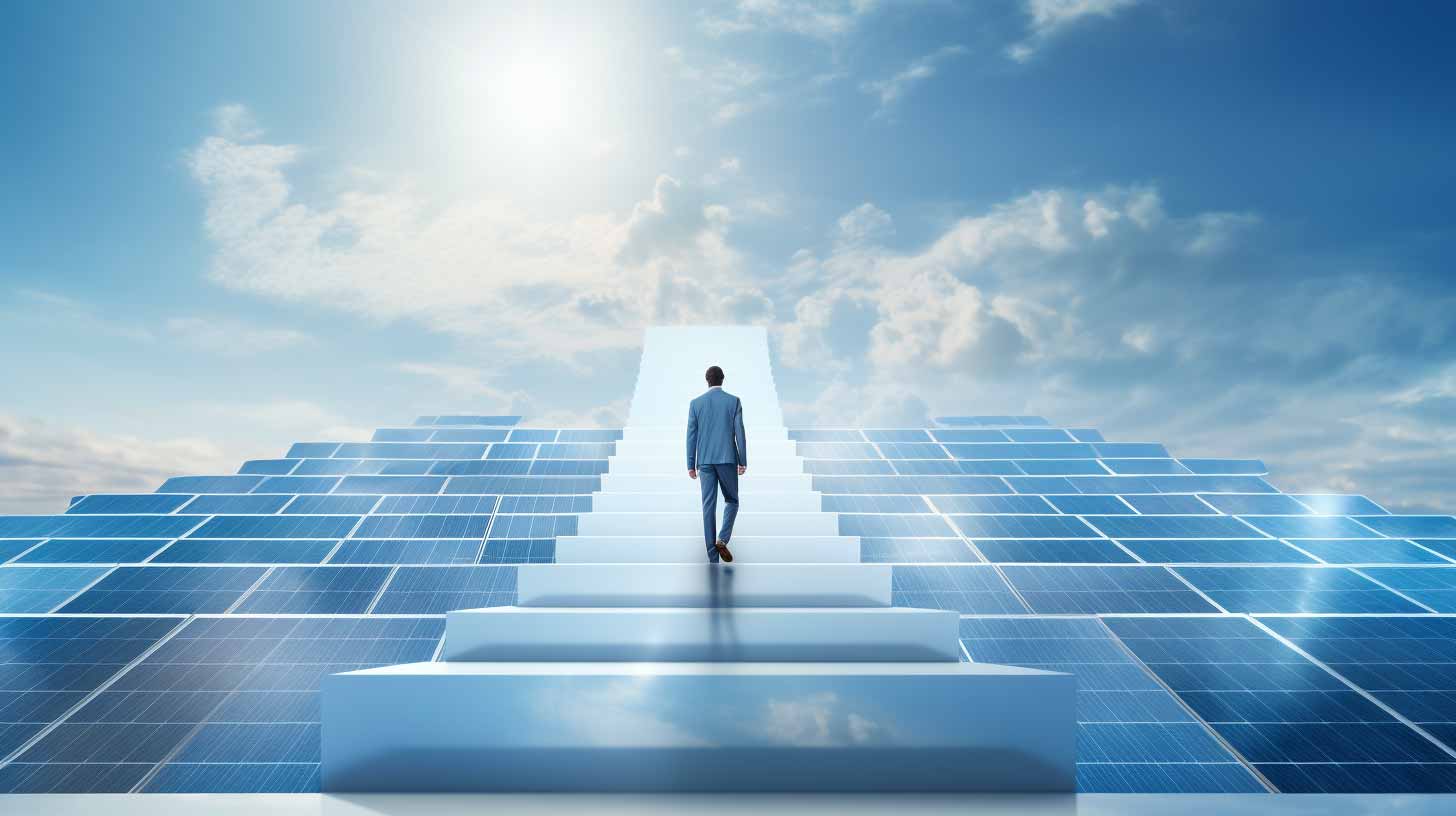 man walking up steps on a solar panel mountain. Symbolising the 9 steps to solar