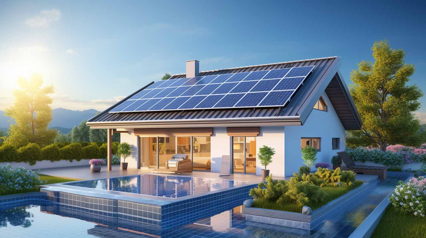 picturesque rooftop solar panel installation, surrounded by clear blue skies, emitting clean energy, while a meter tracks the cost savings and a backup battery ensures uninterrupted power supply
