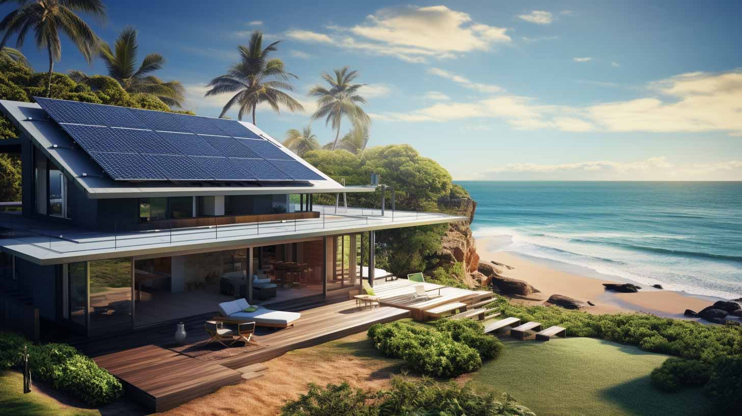 An Australian home with a rooftop solar system next to the beach on a sunny day